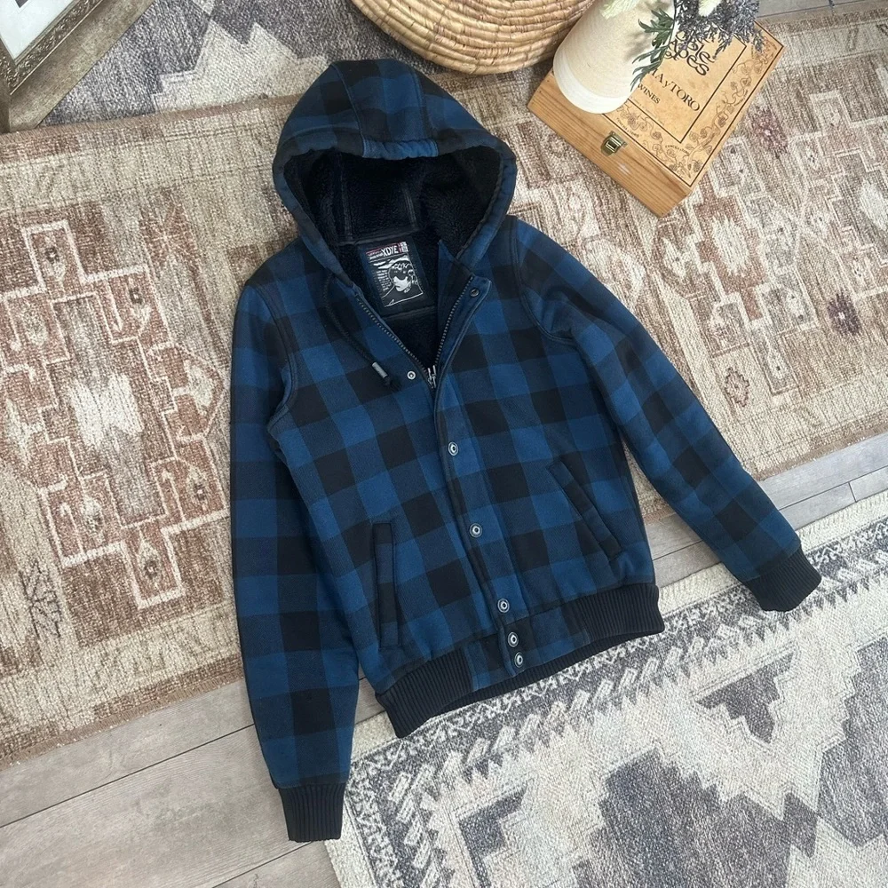 Vintage XDYE 90s Boys Blue Black Buffalo Plaid Hooded Zip Jacket Heavy Sz Small